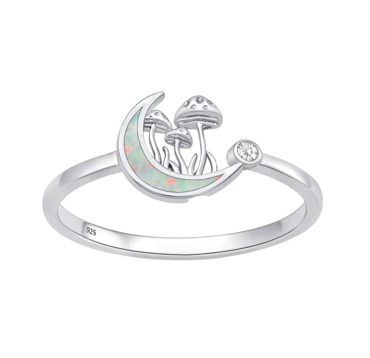 Sortija de luna y hongos con piedra opal blanco