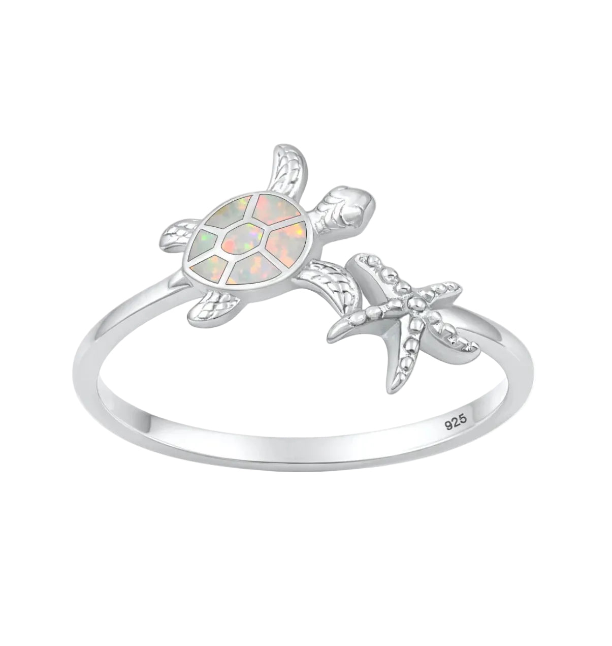 Sortija de tortuga y estrella con piedra opal blanco