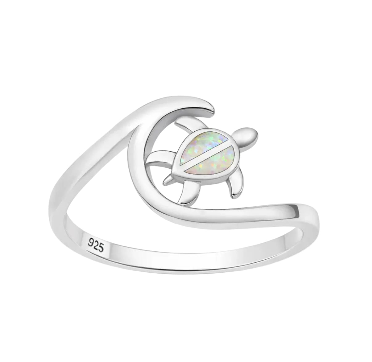Sortija de ola y tortuga con piedra opal blanco