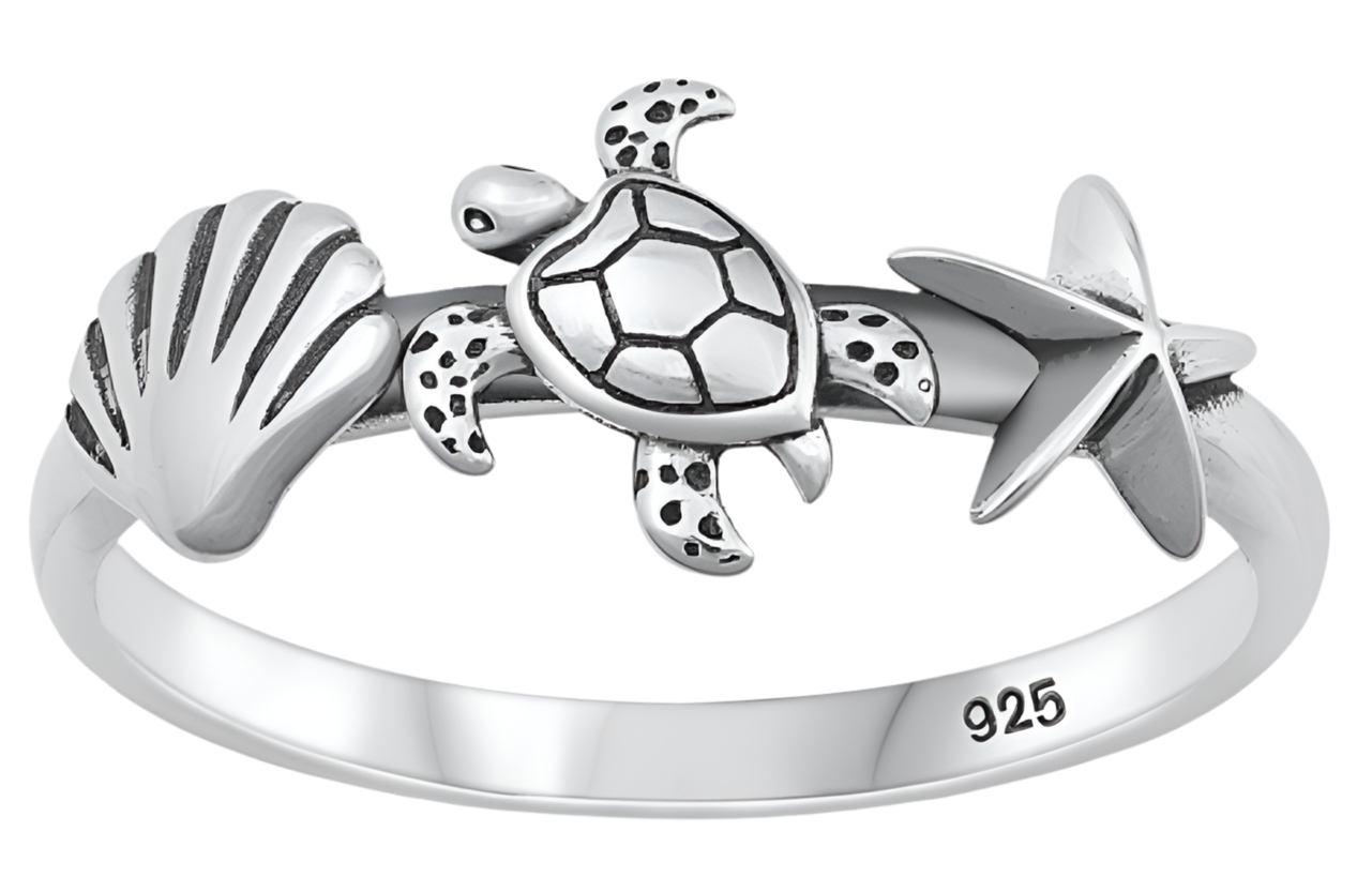 Sortija de tortuga con estrella y concha