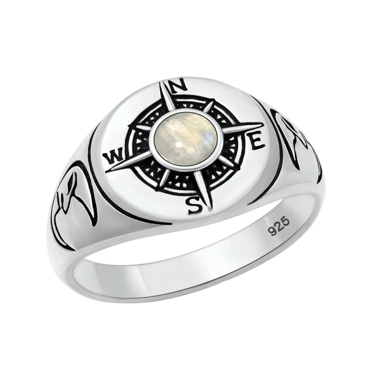 Sortija de compass y lunas con piedra moonstone para hombres