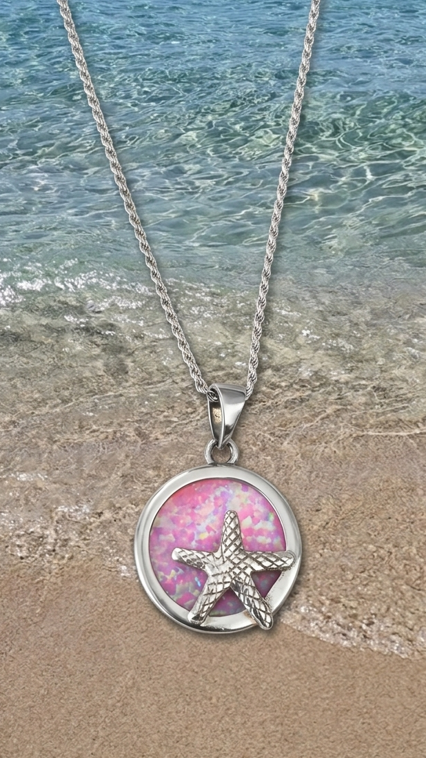 Collar de estrella de mar con piedra opal rosa