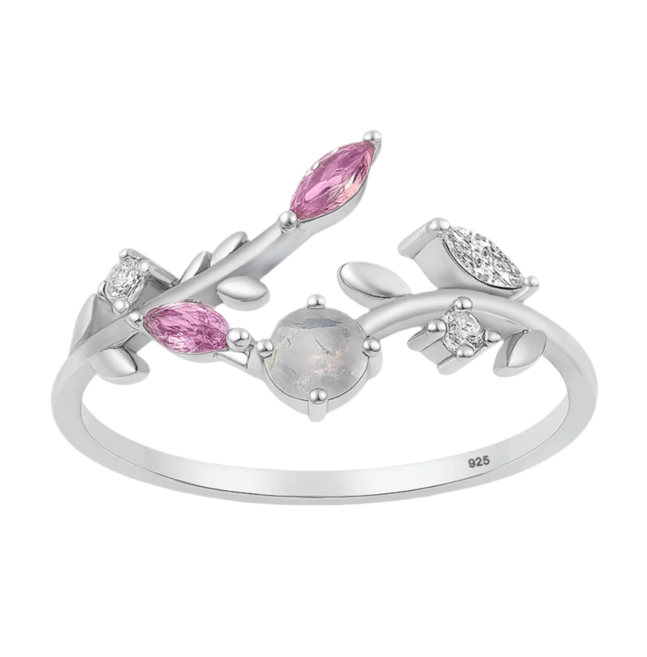 Sortija de hojas con piedras rosa