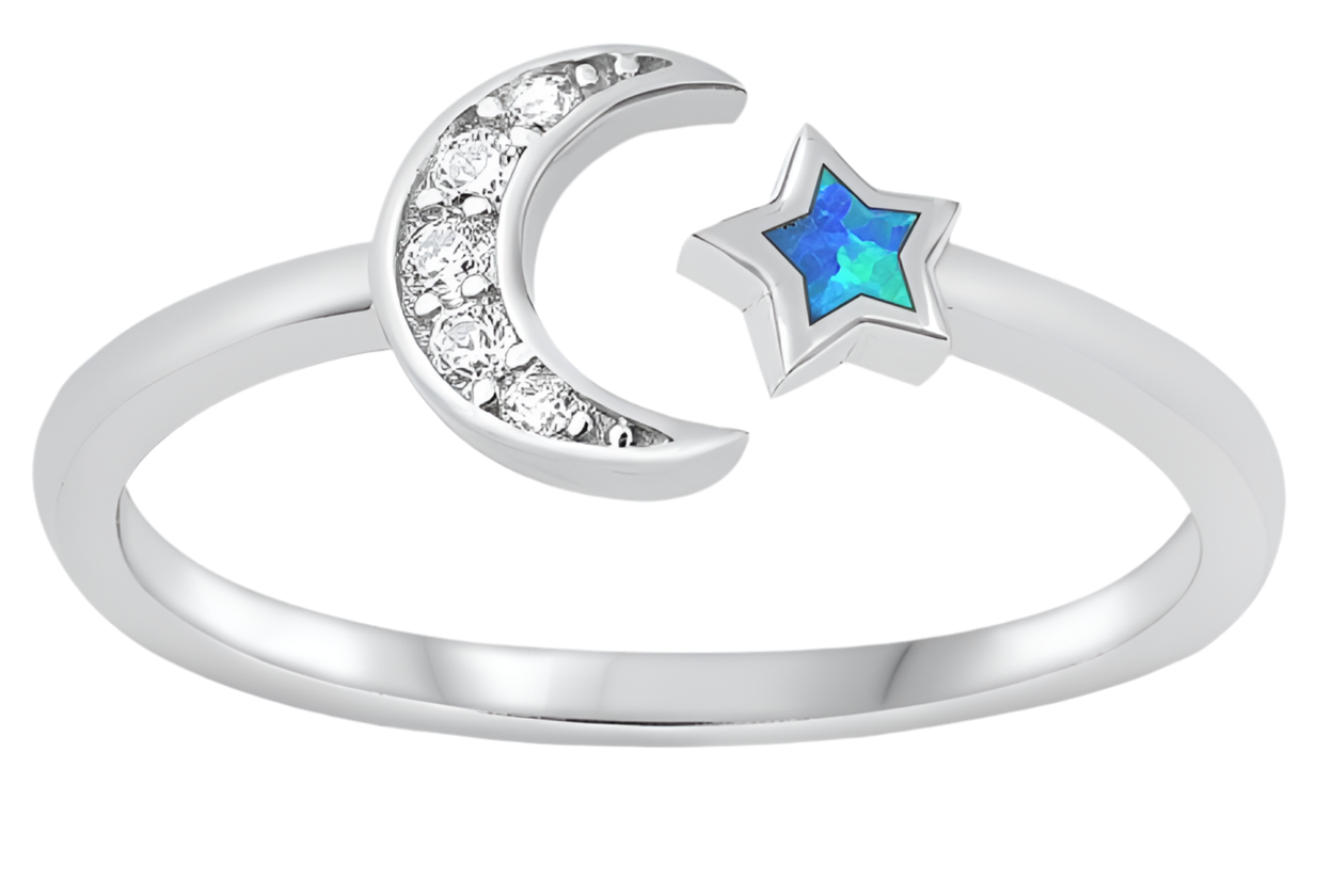 Sortija de luna y estrella con piedra opal azul
