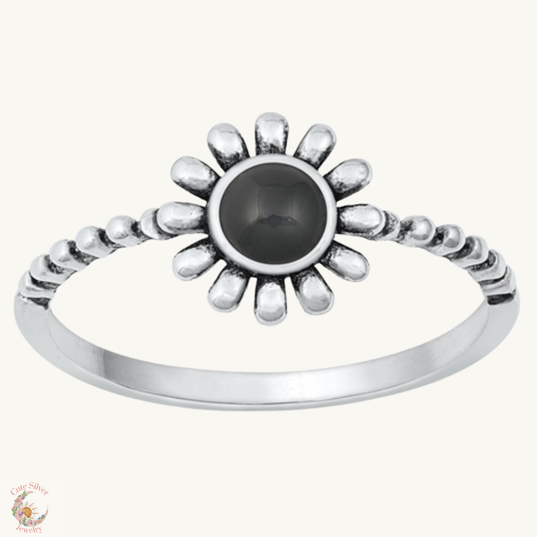 Sortija de flor con piedra agate negra