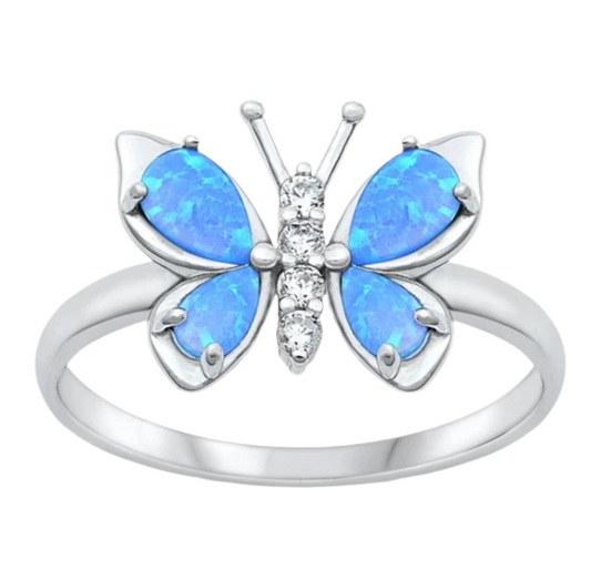 Sortija de mariposa con piedra opal azul