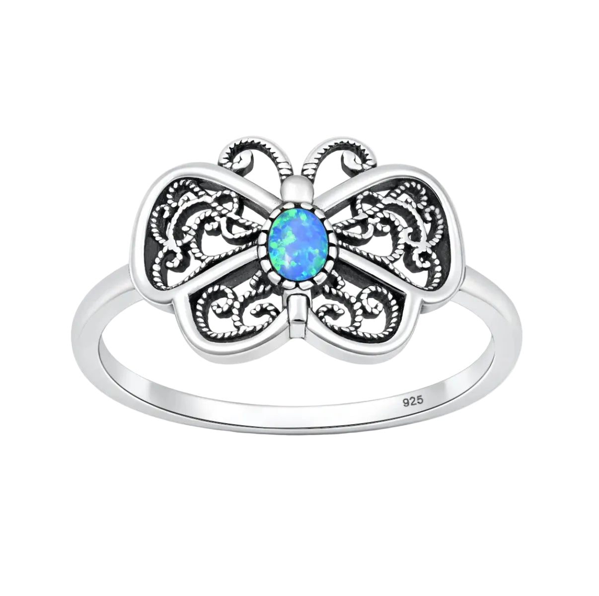 Sortija de mariposa con piedra opal azul
