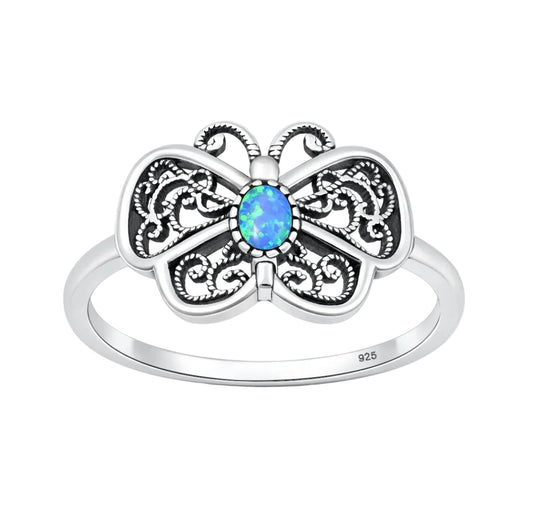 Sortija de mariposa con piedra opal azul