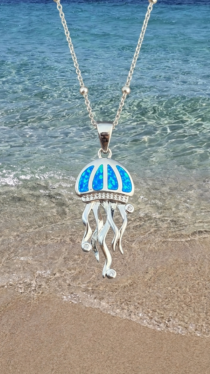 Collar de medusa con piedra opal azul