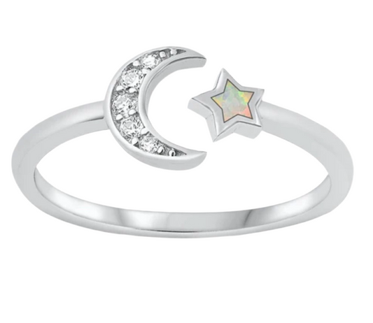 Sortija de luna y estrella con piedra opal blanco