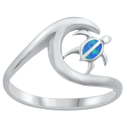 Sortija de ola y tortuga con opal azul