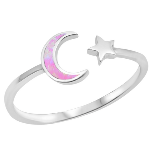 Sortija de luna y estrella con piedra opal rosa