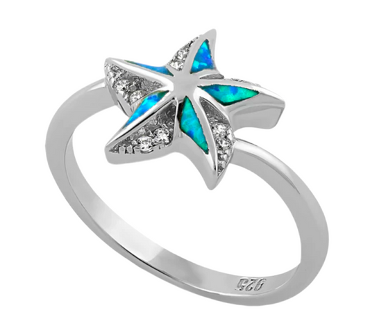 Sortija estrella de mar con piedra opal azul