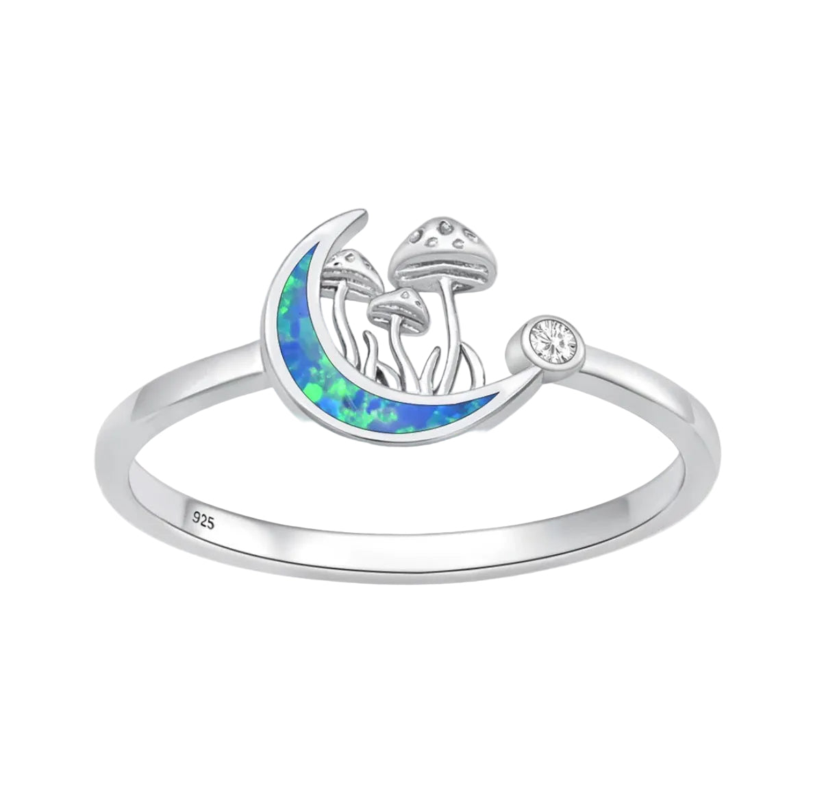 Sortija de luna y hongos con piedra opal azul