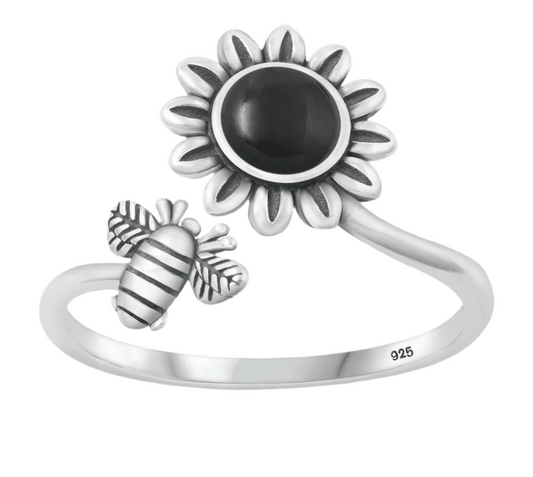 Sortija de girasol con abeja con piedra agate