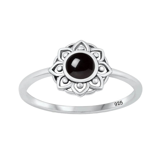 Sortija de mándala con piedra agate negra