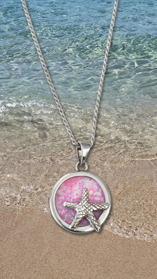 Collar de estrella de mar con piedra opal rosa