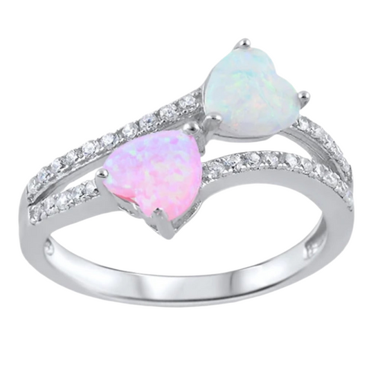 Sortija de corazones opal rosa y opal blanco
