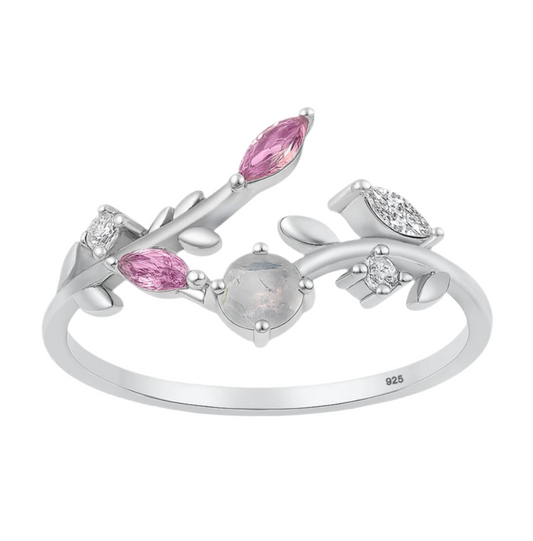Sortija de hojas con piedras rosa