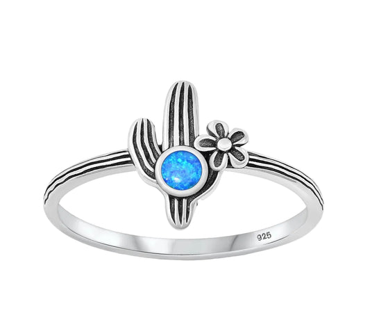 Sortija de cactus con piedra opal azul