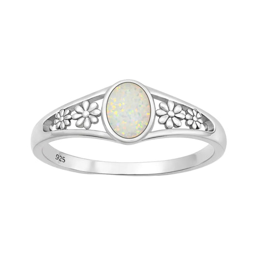 Sortija de flores con piedra opal blanco