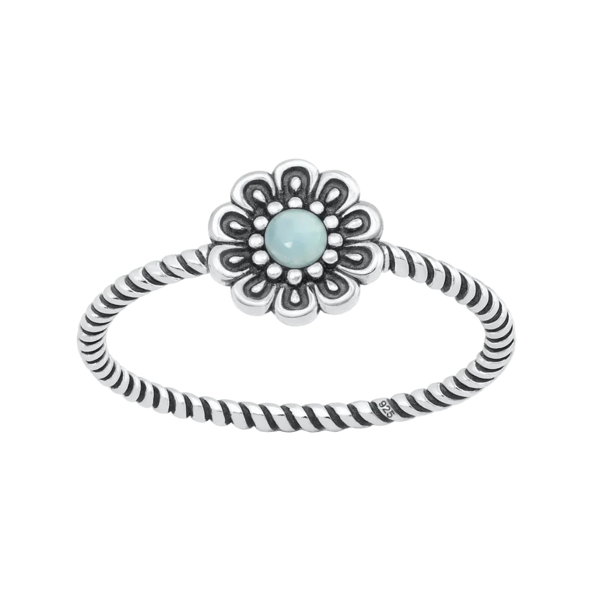 Sortija de flor con piedra larimar