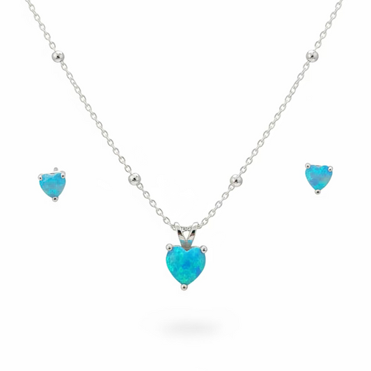 Set de collar y pantallas de corazones con piedra opal azul