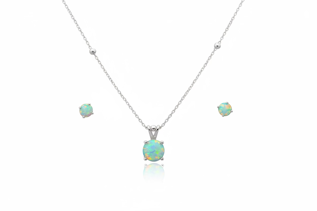 Set de collar y pantallas con piedra opal blanco