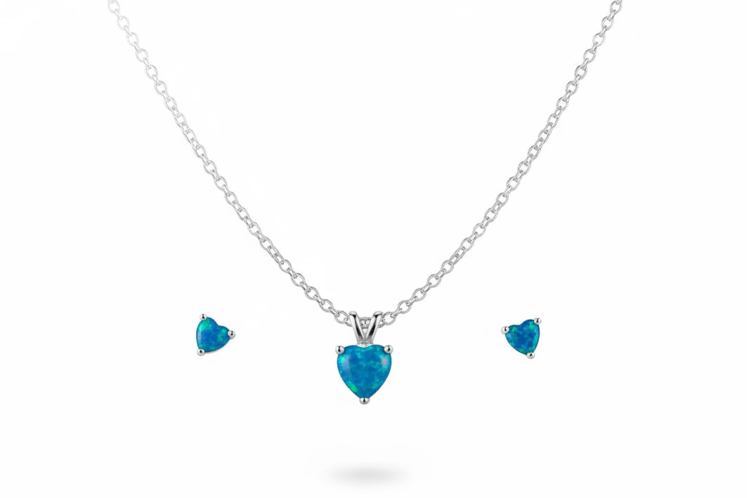 Set de collar y pantallas de corazones con piedra opal azul