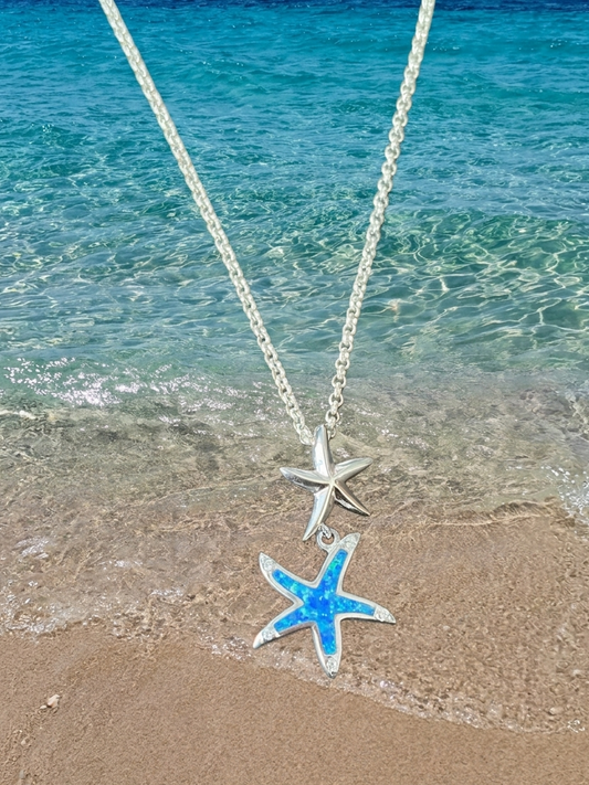 Collar estrellas de mar con piedra opal azul