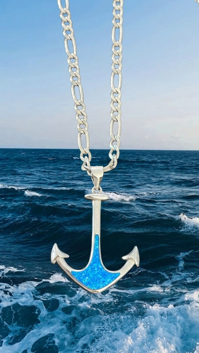 Collar para hombre de ancla con piedra opal azul