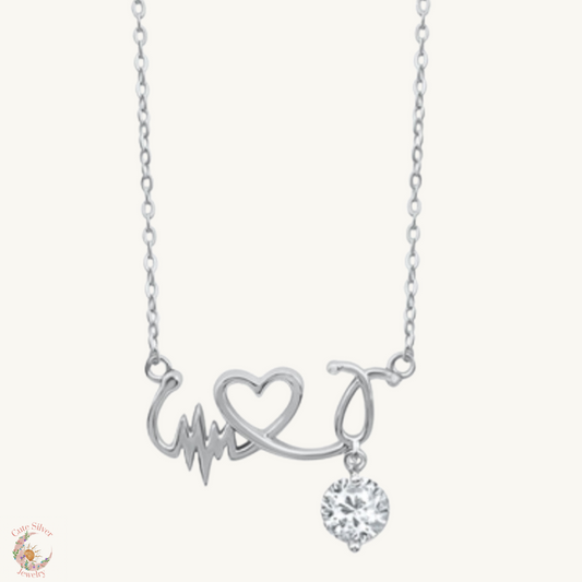 Heartbeat & Stethoscope Silver Necklace